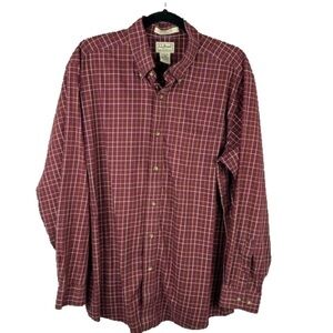 L. L. Bean Mens Western Cotton Plaid Burgundy Button Down Shirt Large